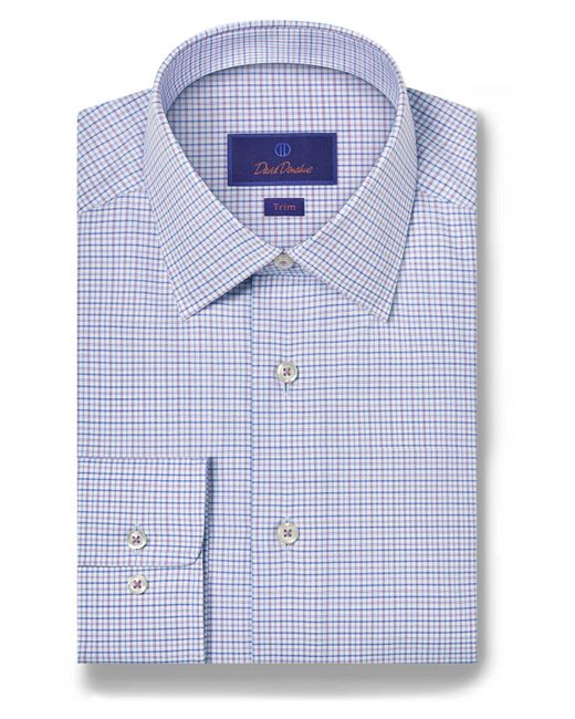 David Donahue Blue Trim Fit Check Dobby Non-iron Dress Shirt for men