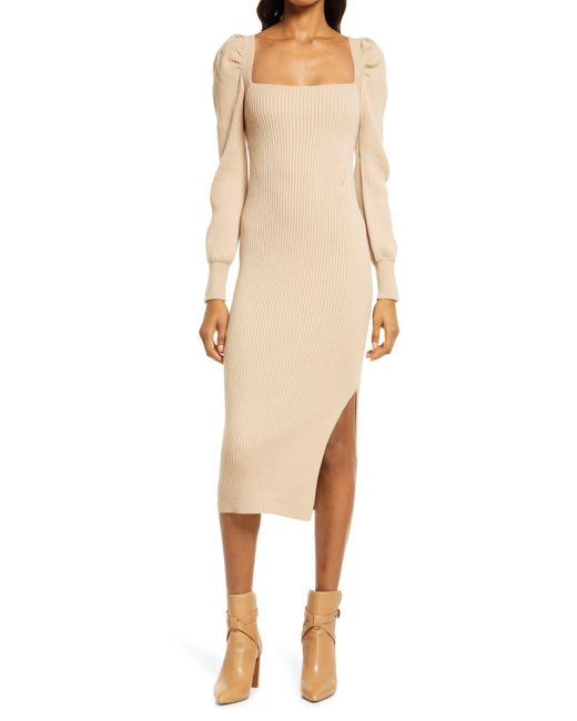 Charles Henry Natural Square Neck Tie Back Puff Long Sleeve Sweater Dress