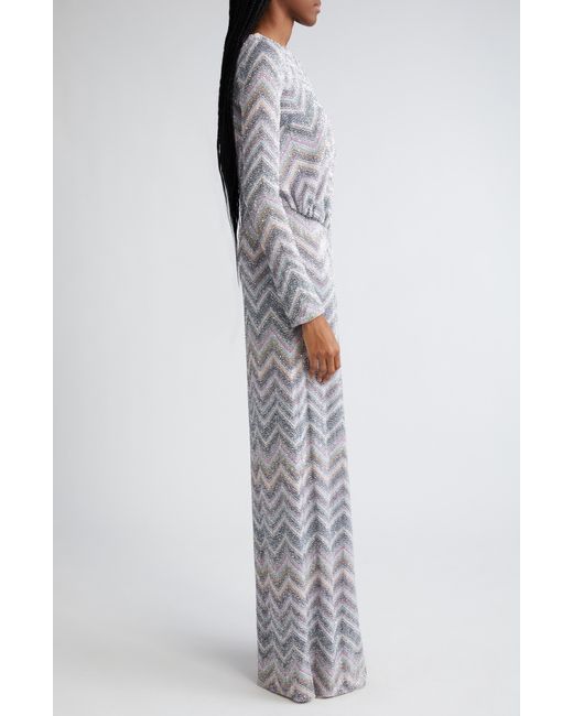 Missoni Gray Sparkly Sequin Long Sleeve Chevron Knit Gown