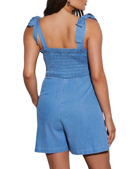Vici Collection Blue Boardwalk Dates Smocked Chambray Romper