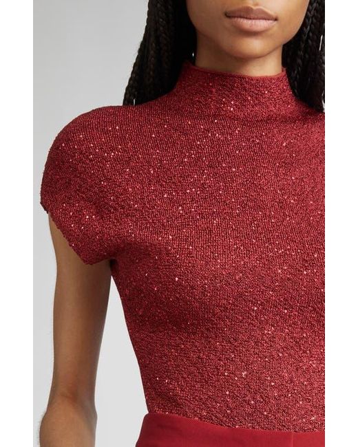 Lela Rose Red Sequin Knit Short Sleeve Mock Neck Top