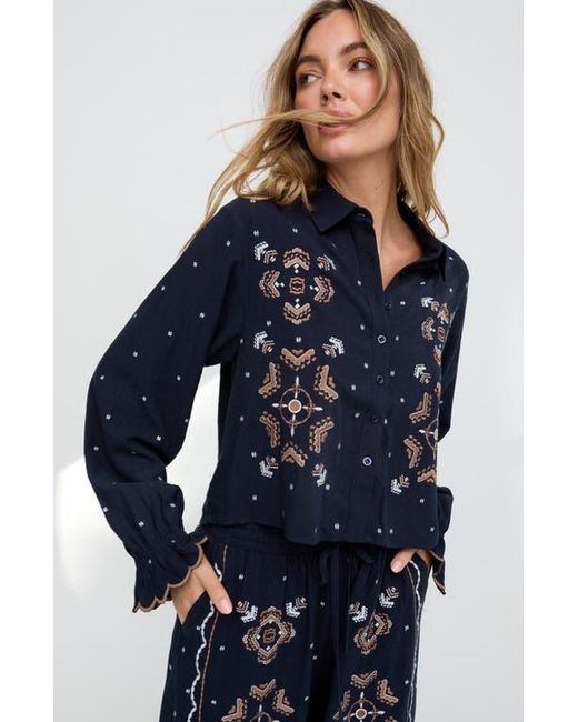 Raffya Blue Anai Half Placket Embroidered Blouse