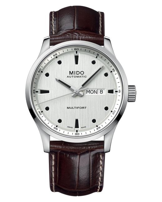 MIDO Gray Multifort Leather Strap Watch, 42Mm