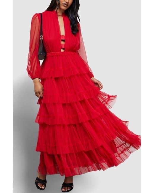 Red Neck Ruffles Warehouse Ruffle Neck Tulle Maxi Dress in Red | Lyst