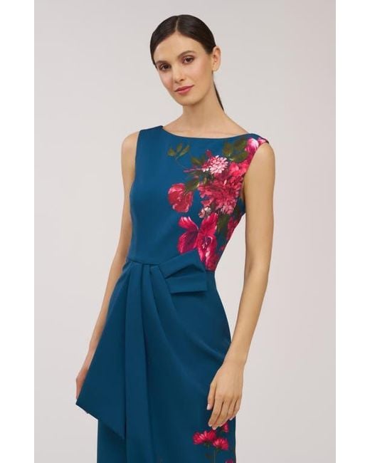 Kay Unger Blue Devin Placement Print Pleated Midi Cocktail Dress