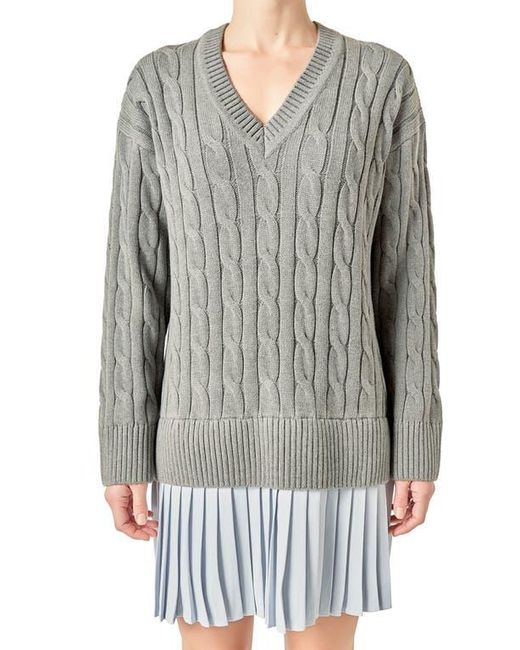 English Factory Gray Long Sleeve Pleated Mixed Media Sweater Dress