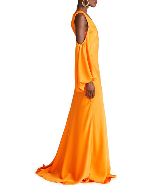 Halston Heritage Orange Binnie Cold Shoulder Long Sleeve Satin Gown