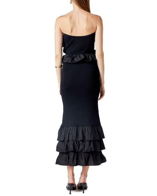 Endless Rose Black Ruffle Detail Mixed Media Strapless Dress