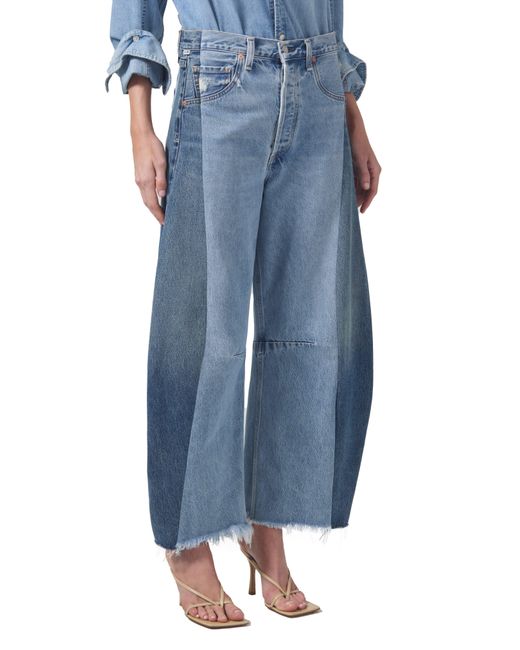 Citizens of Humanity Blue Pieced Horseshoe Raw Hem Ankle Wide Leg Jeans
