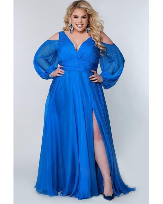 Johnathan Kayne for Sydneys Closet Blue Cold Shoulder Chiffon Plus Size A-Line Evening Gown