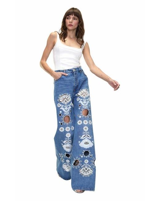 Cynthia Rowley Blue Embroidered Wide-Leg Jean