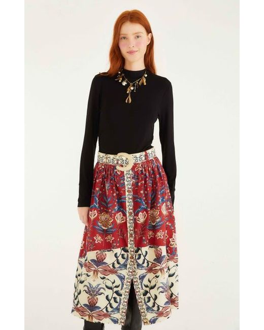 Farm Rio Red Winter Breeze Mixed Print Cotton Skirt