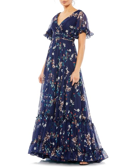Mac Duggal Blue Floral Flounce Sleeve A-line Gown