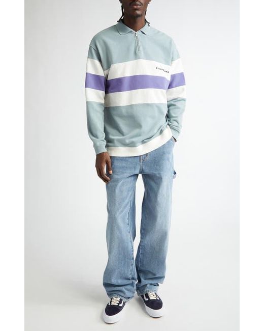 Noon Goons Blue Laid Back Colorblock Long Sleeve Cotton Fleece Zip Polo for men