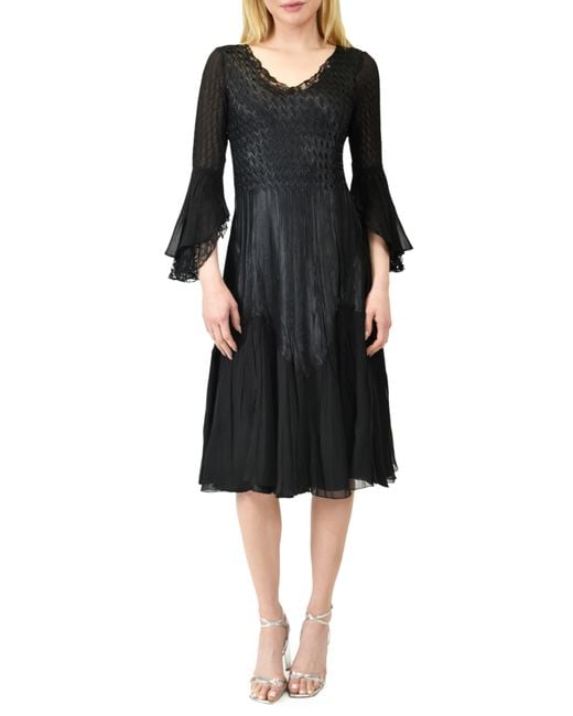 Komarov Black Bell Sleeve Chiffon & Lace A-line Dress