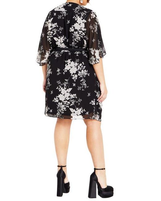 City Chic Bouquet Flutter Sleeve Faux Wrap Dress in Black | Lyst