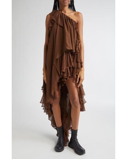Collina Strada Tiered Ruffle One-Shoulder Silk Chiffon Dress in Brown