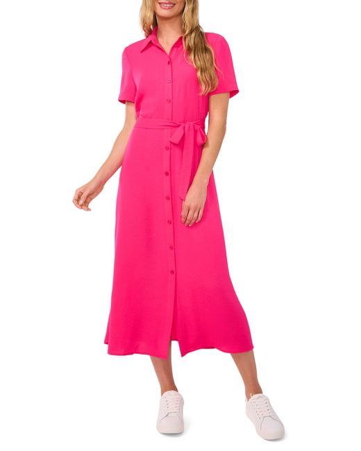 Cece Pink Tie Belt Button-up Twill Midi Dress
