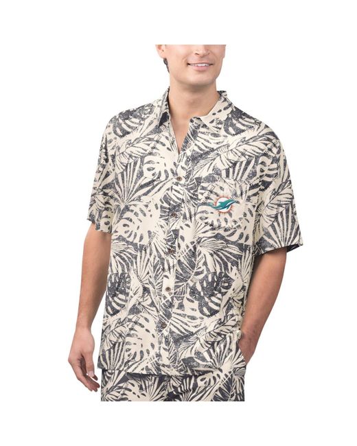 Margaritaville Gray Tan Miami Dolphins Sand Washed Monstera Print Party Button-up Shirt for men