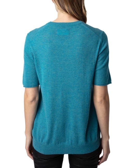 Zadig & Voltaire Blue Mon Amour Embellished Short Sleeve Cashmere Sweater