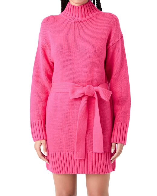 Grey Lab Pink Tie Belt Long Sleeve Sweater Minidress