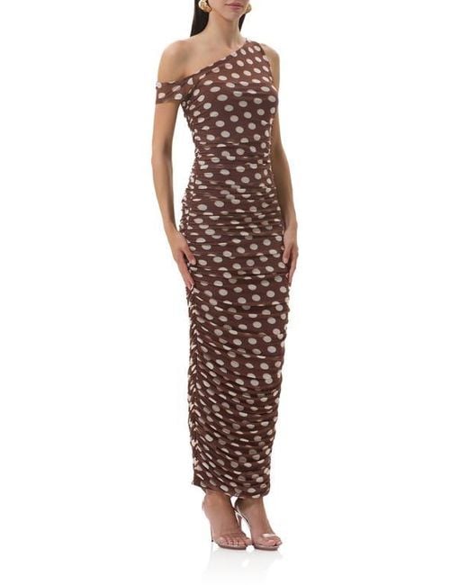 AFRM Brown Biona Printed One-Shoulder Ruched Mesh Maxi Dress