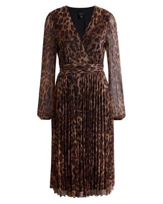 Halogen Metallic Leopard Print Long Sleeve Midi Dress in Brown | Lyst