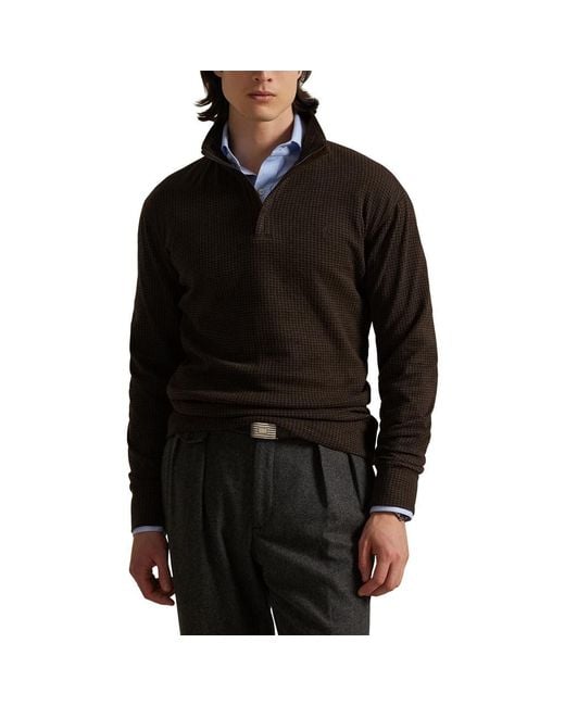 Polo Ralph Lauren Black Houndstooth Luxury Cotton Blend Quarter Zip Pullover for men