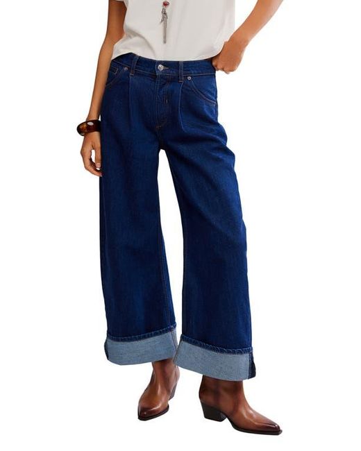 Free People Blue Alia Cuffed High Waist Wide Leg Jeans