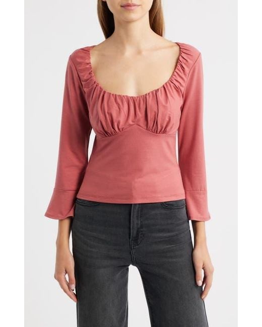 Reformation Red Effie Ruched Detail Long Sleeve Knit Top