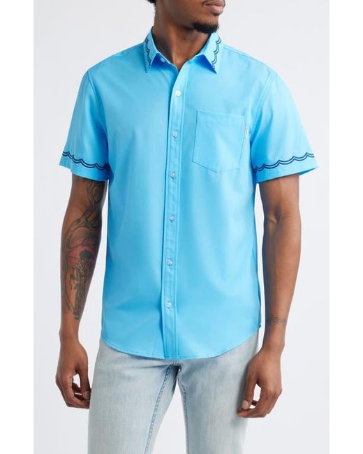 MAVRANS Blue Weekend Wave Embroidered Short Sleeve Performance Button-Up Shirt for men