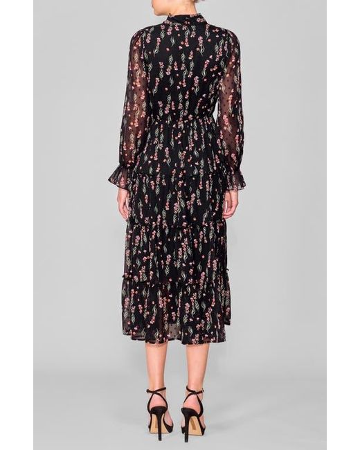 MELLODAY Black Tie Front Long Sleeve Tiered Midi Dress