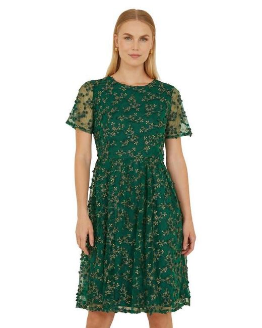 Yumi' Green Embroidered Floral Skater Dress