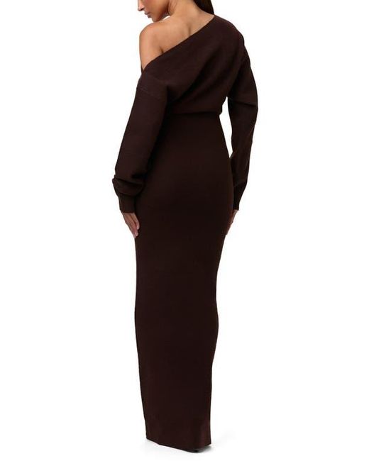 Naked Wardrobe Brown One-Shoulder Long Sleeve Maxi Sweater Dress