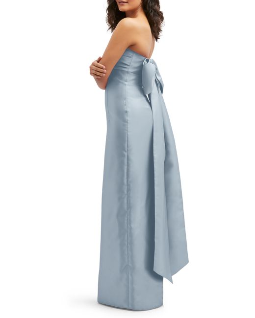 Alfred Sung Blue Strapless Bow Back Satin Column Gown