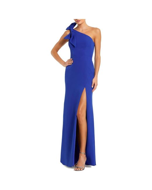 Mac Duggal Blue Crepe One Shoulder Fitted Gown With Bow
