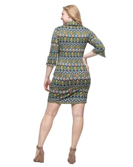 24seven Comfort Apparel Green Geometric Print Three Quarter Sleeve Mini Dress