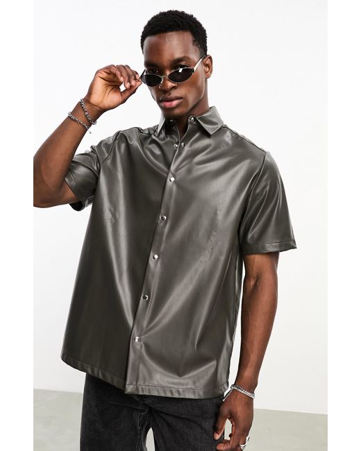 ASOS Black Boxy Short Sleeve Faux Leather Shirt for men