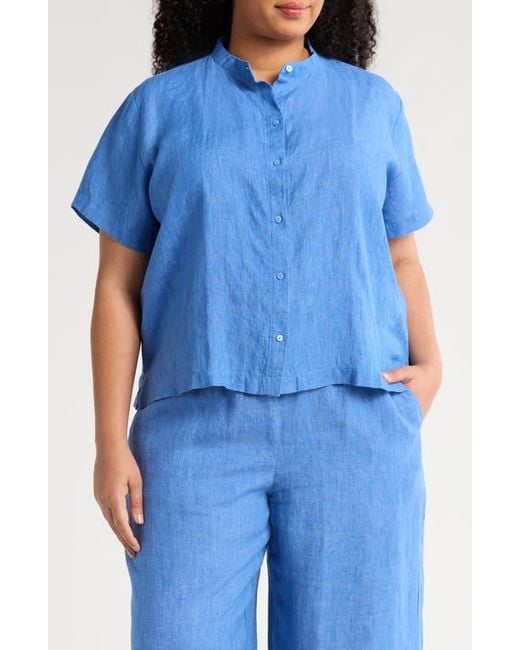 Eileen Fisher Women's Blue Organic Linen Button-Up Shirt