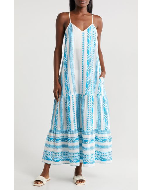 Elan Blue Embroidered Tiered Cotton Blend Cover-up Maxi Dress