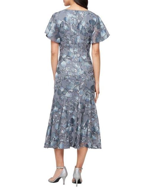 Alex Evenings Blue Sequin Embroidered Floral Cocktail Dress
