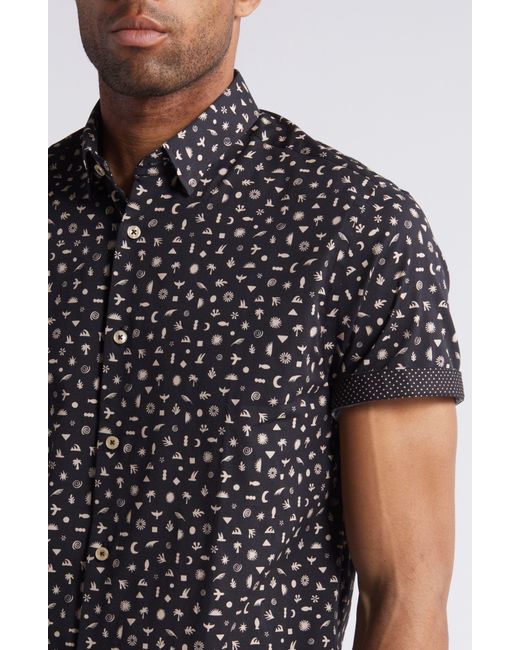 Stone Rose Black Boho Print Short Sleeve Stretch Button-up Shirt for men