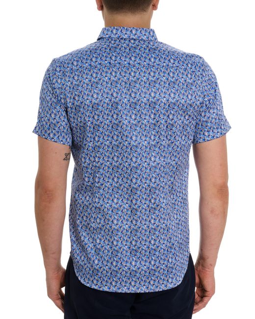Robert Graham Blue Wade Wave Print Short Sleeve Button-up Shirt for men