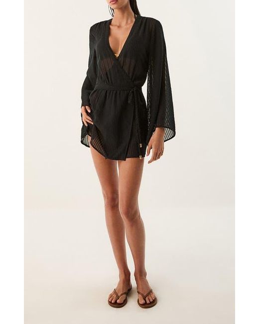 ViX Winnie Long Sleeve Sheer Linen Blend Cover-Up Wrap Minidress in Black