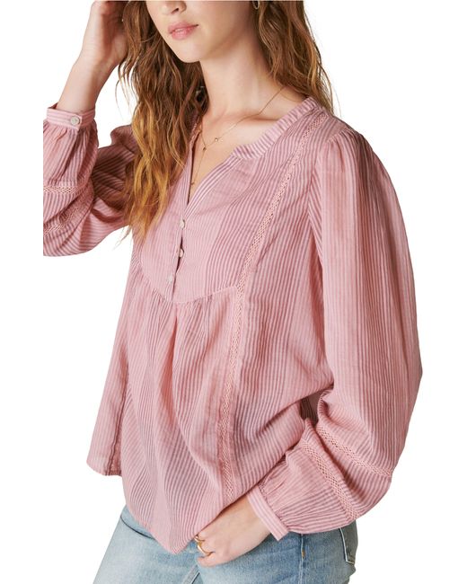 Lucky Brand Pink Lace Inset Long Sleeve Cotton Top