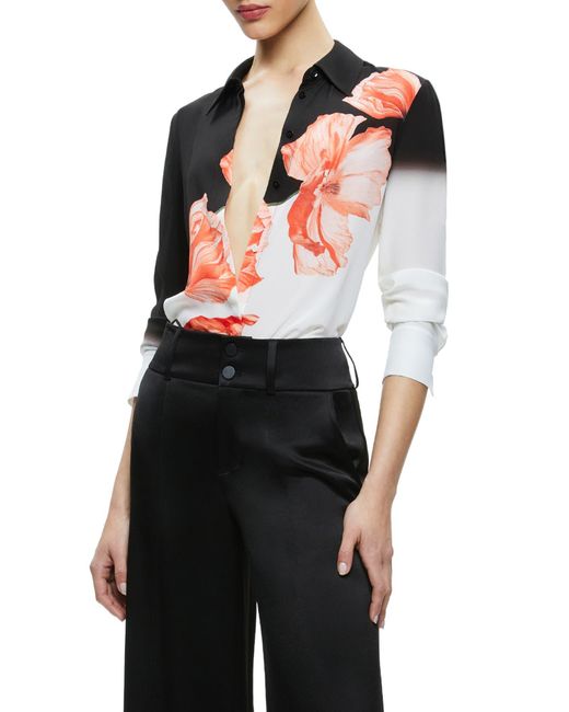 Alice + Olivia Black Alice + Olivia Brady Floral Slim Fit Silk Button-up Shirt