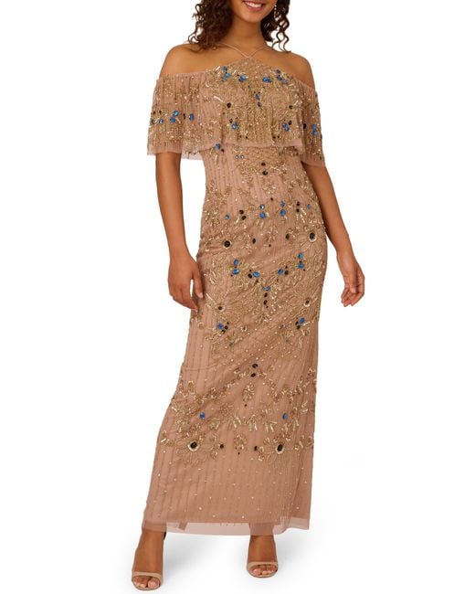 Adrianna Papell Brown Beaded Cold Shoulder Gown