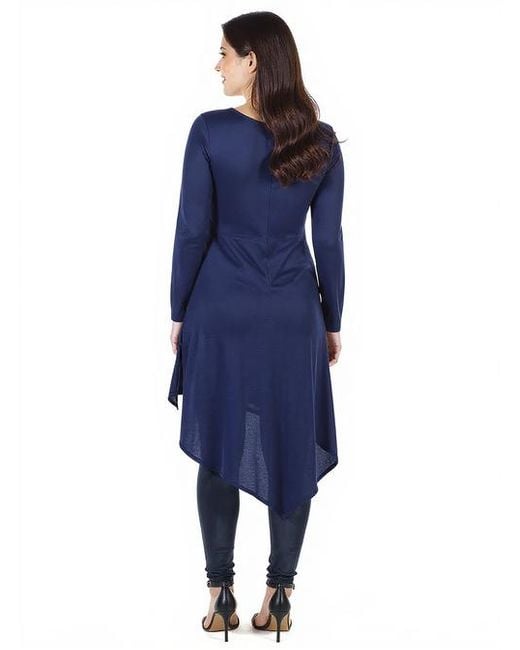 24seven Comfort Apparel Blue Long Sleeve Knee Length Asymmetrical Maternity Tunic Top