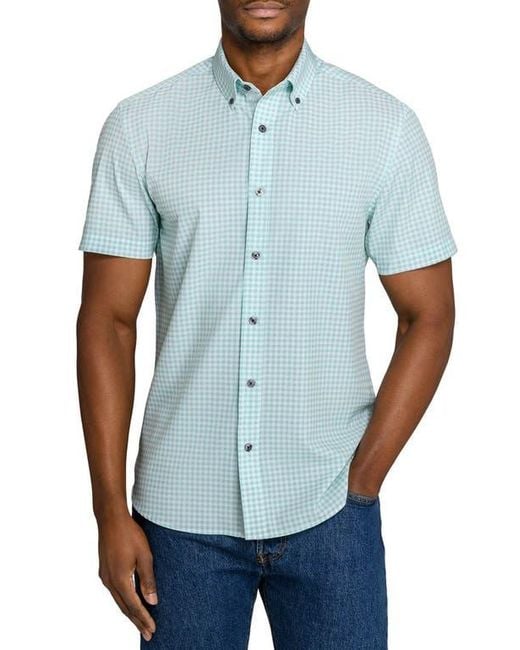 Con.struct Blue Slim Fit Gingham Woven Short Sleeve Basic Shirt for men