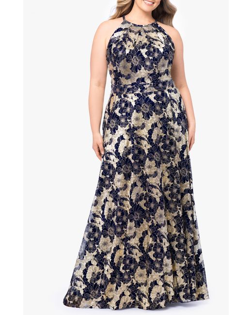 Betsy & Adam Blue Metallic Floral Gown